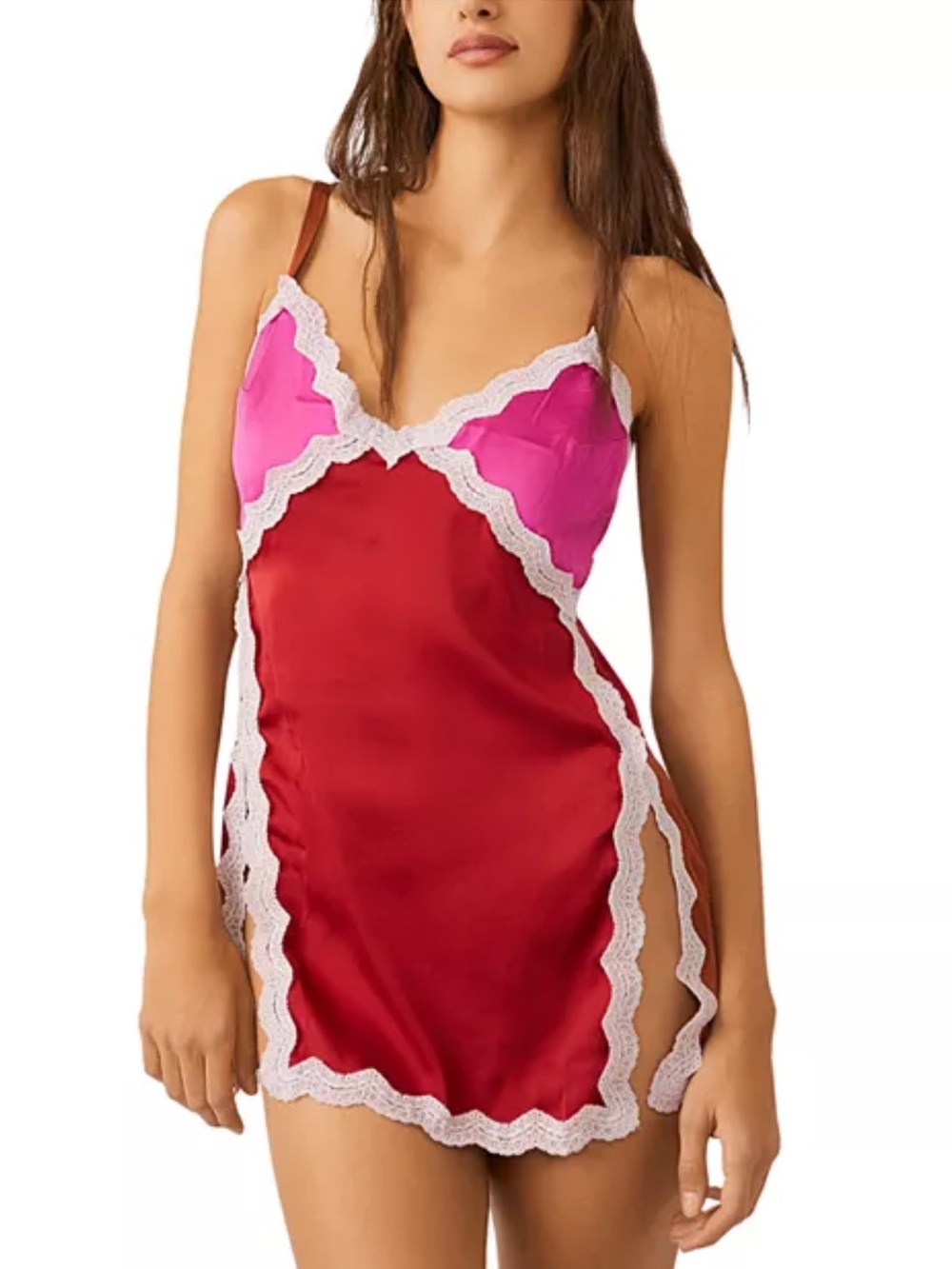 Free People Red and Pink Lace On The Rise Slip Dress